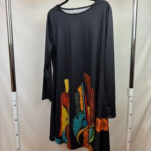 Black Abstract Print Long Sleeve Swing Dress Pockets Oversized Size XL